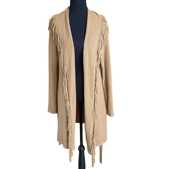 J. Jill Tan Fringe Open Front Cardigan Sweater Jacket Belted Size M western wear - Picture 1 of 11